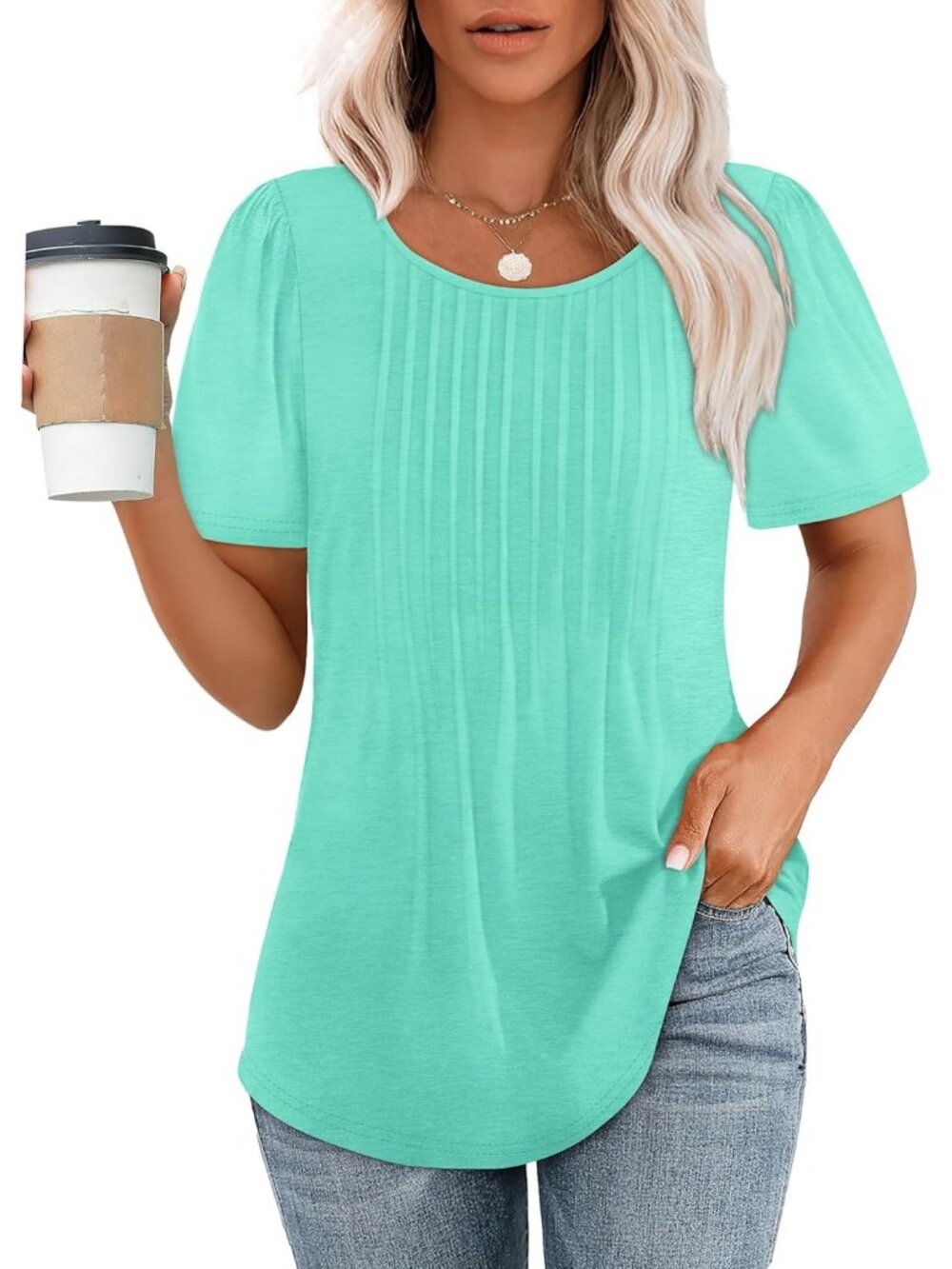 Women's 04 Aqua Scooped Neck Short Sleeve Pleated Dressy Summer Casual Tops